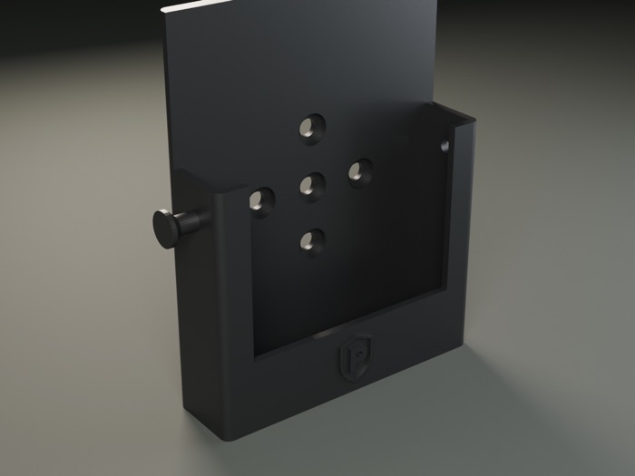 The PrepPhone holster, black with an orange shield
