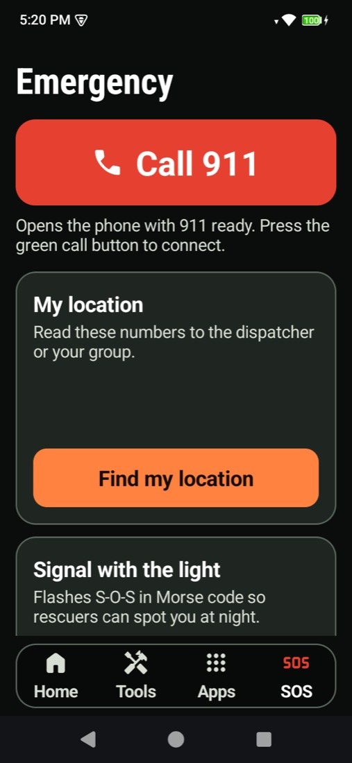 PrepPhone Emergency screen with Call 911, My location and Signal with the light