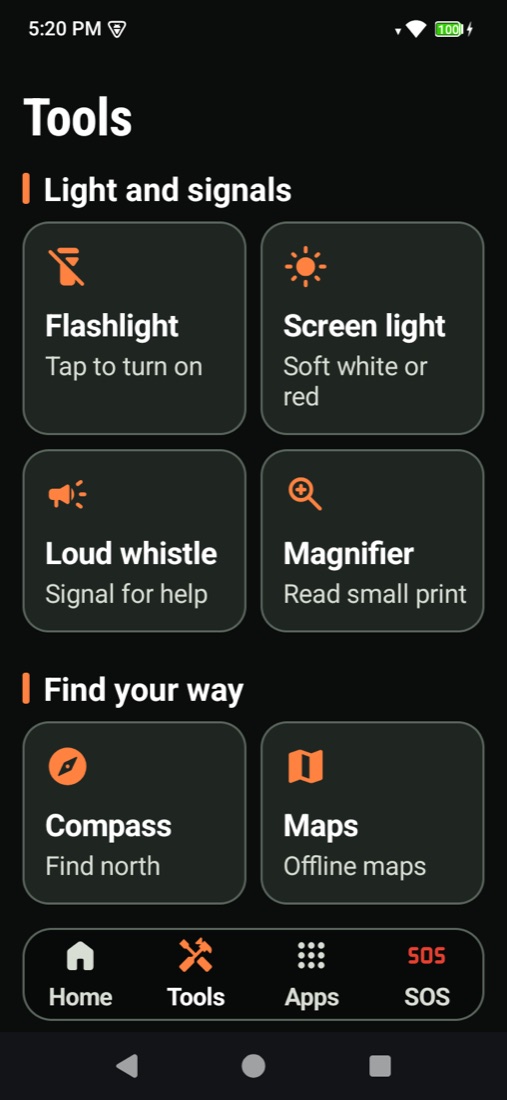 PrepPhone Tools screen with flashlight, whistle, magnifier and compass